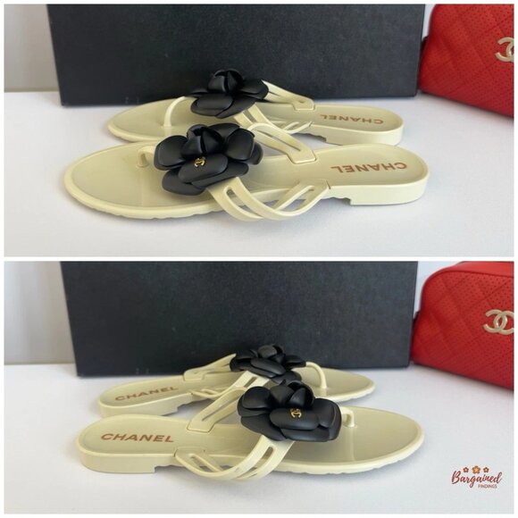 Authentic CHANEL Camellia Flower Ivory Black CC Sandals 36 US 6 - Picture 4 of 11